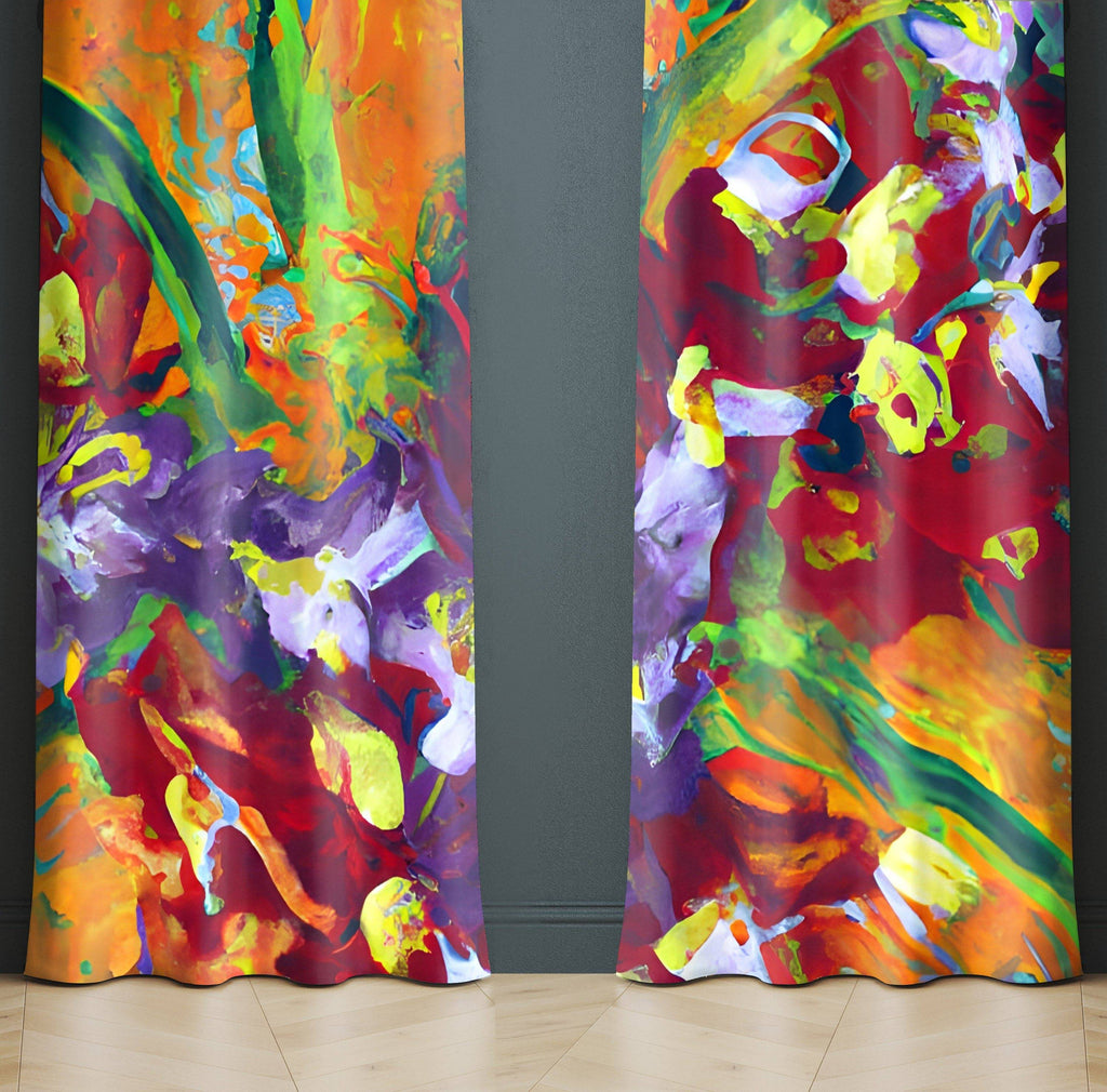 Floral Window Curtains - Modern Contemporary Orange and Red Floral Print - Deja Blue Studios