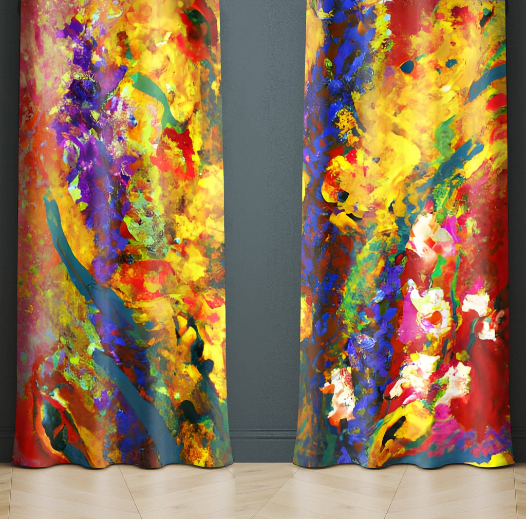 Abstract Window Curtains - Yellow and Purple Painted Floral Print - Deja Blue Studios