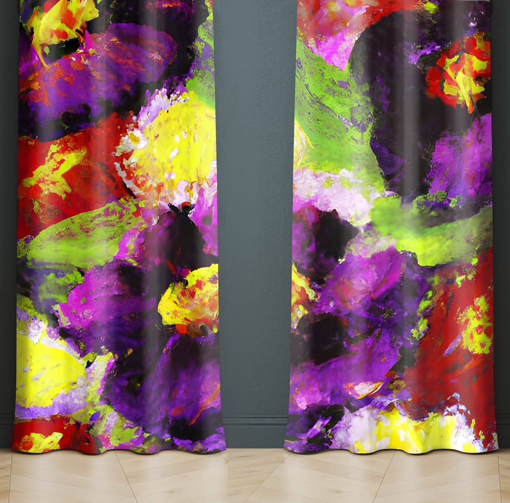 Abstract Window Curtains - Purple and Green Painted Floral Print - Deja Blue Studios