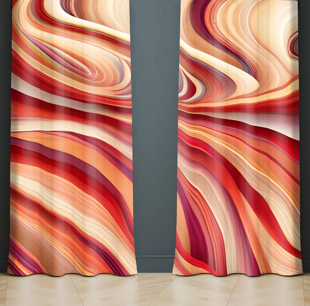 Color Swirl Window Curtains - Bohemian Color Abstract Red and Beige Print - Deja Blue Studios