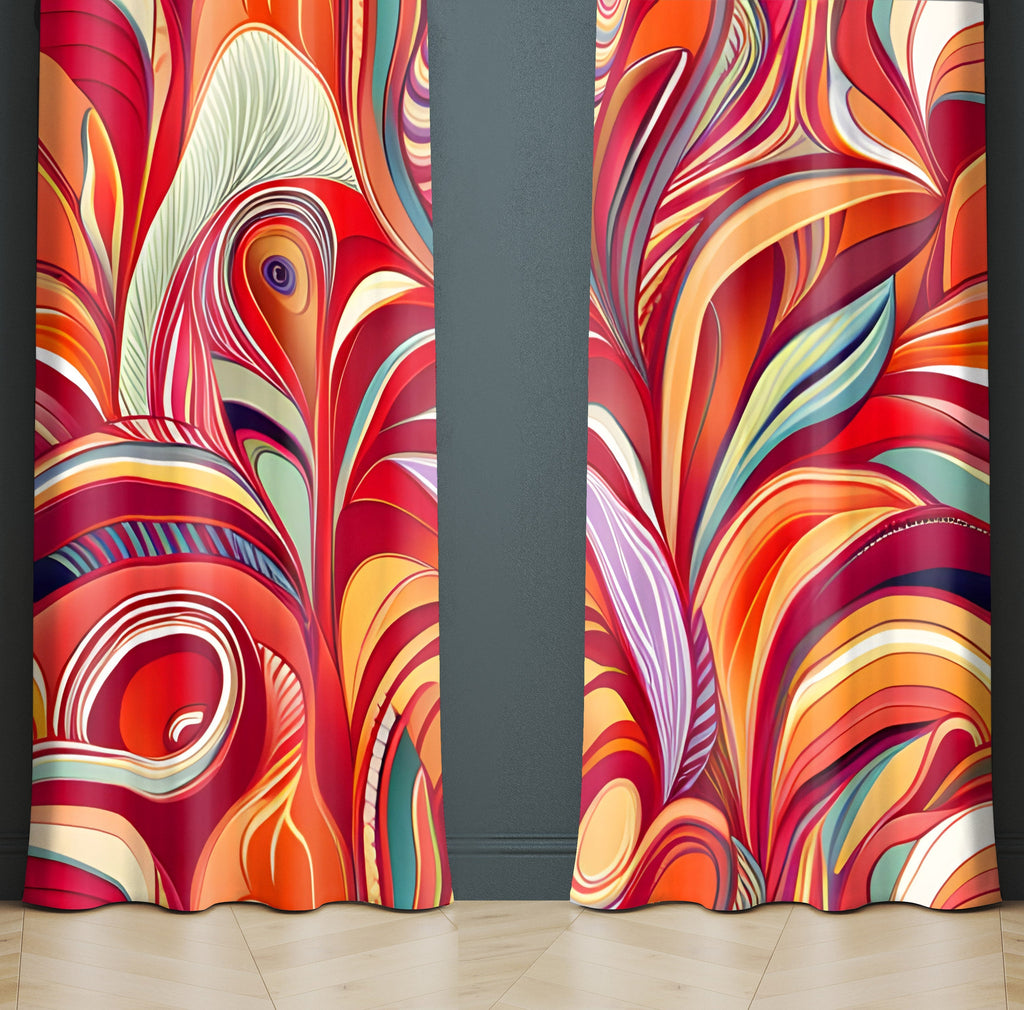 Bohemian Swirl Window Curtains - Red and Purple Abstract Color Swirl Print - Deja Blue Studios