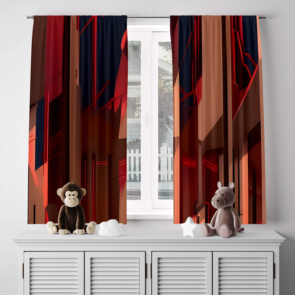 Abstract Window Curtains - Red, Brown and Black Abstract Broken Stripes - Deja Blue Studios