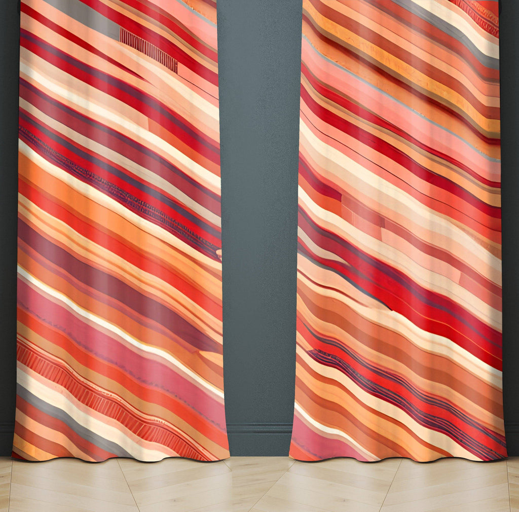 Abstract Window Curtains - Red Tone Broken Bohemain Stripes - Deja Blue Studios