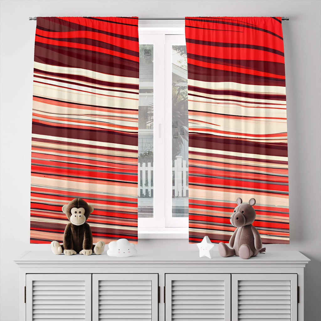 Striped Window Curtains - Red, White and Pink Horizontal Abstract Stripes - Deja Blue Studios