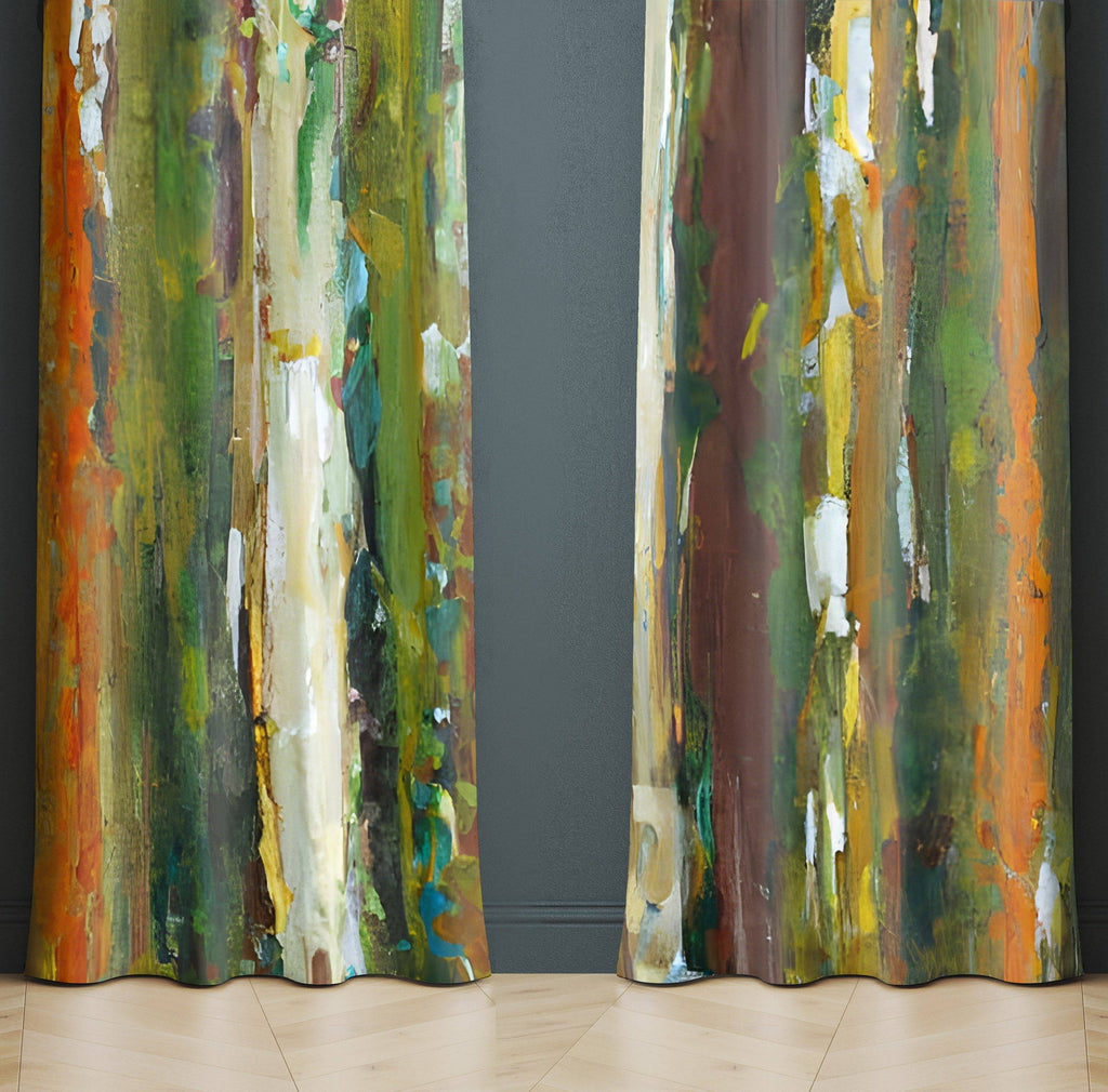 Abstract Striped Window Curtains - Green and Orange Grunge Painted Stripes - Deja Blue Studios