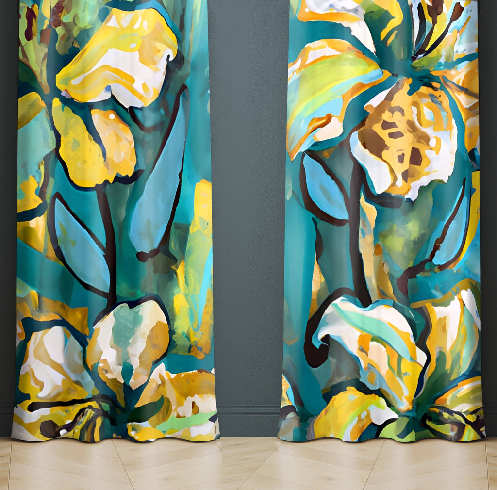 Painted Floral Window Curtains - Blue, Yellow and Green Contemporary Print - Deja Blue Studios