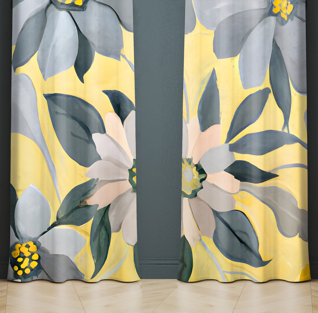 Painted Floral Window Curtains - Yellow and Gray Simple Flower Print - Deja Blue Studios