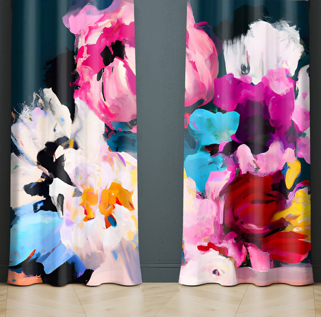 Painted Floral Window Curtains - Pink and White Abstract Painting Print - Deja Blue Studios