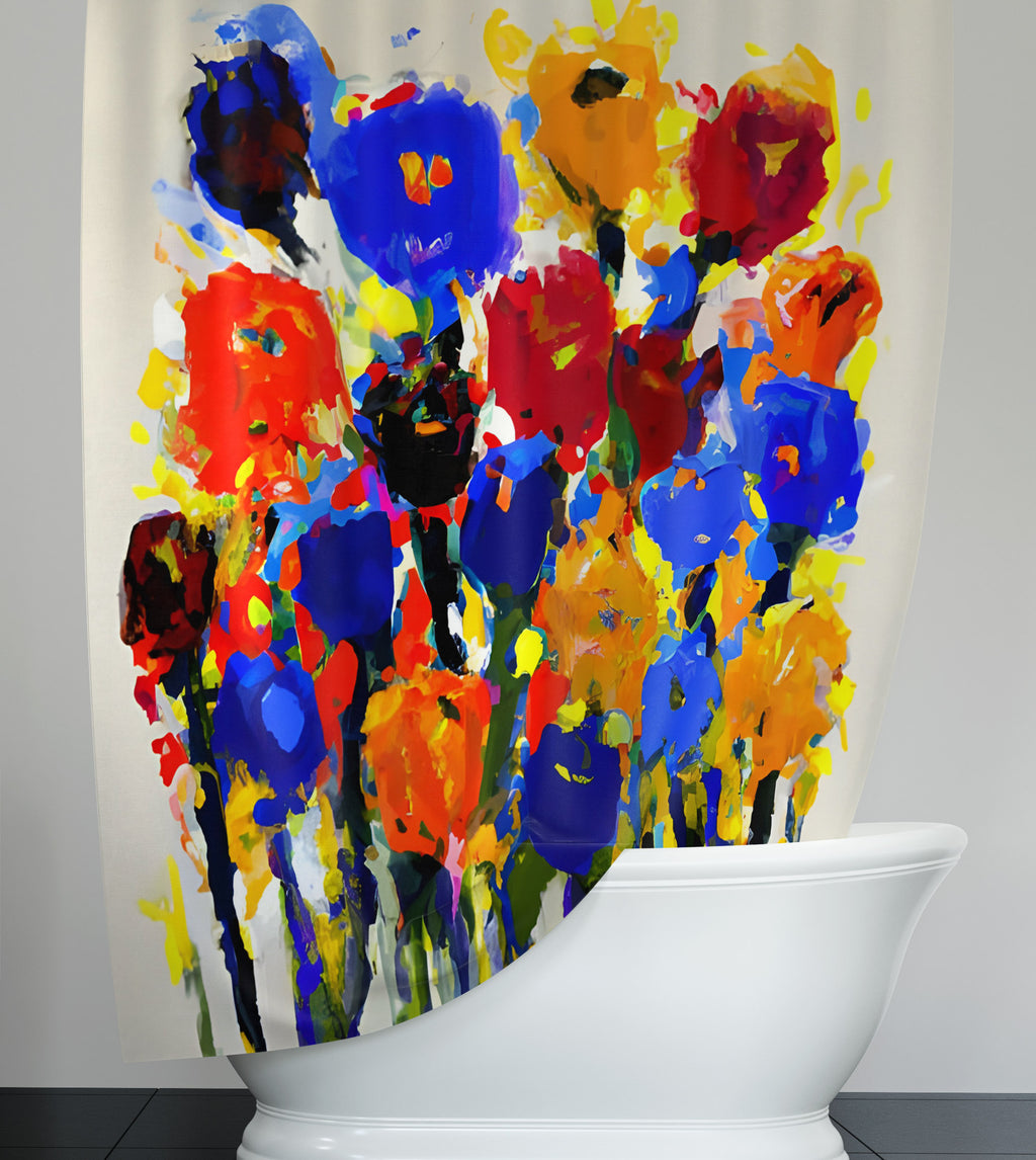 Modern Floral Shower Curtain - Multi Color Painted Flowers on White - Deja Blue Studios