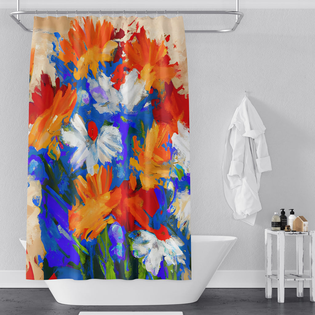 Painted Floral Shower Curtain - Blue and Orange Modern Floral Print - Deja Blue Studios