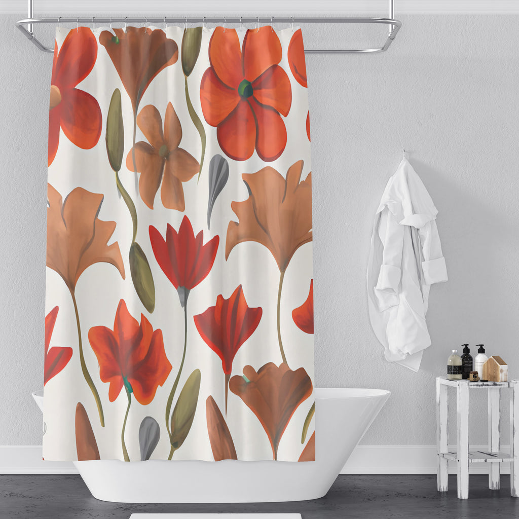 Abstract Floral Shower Curtain - Orange and Red Whimsical Floral Print - Deja Blue Studios