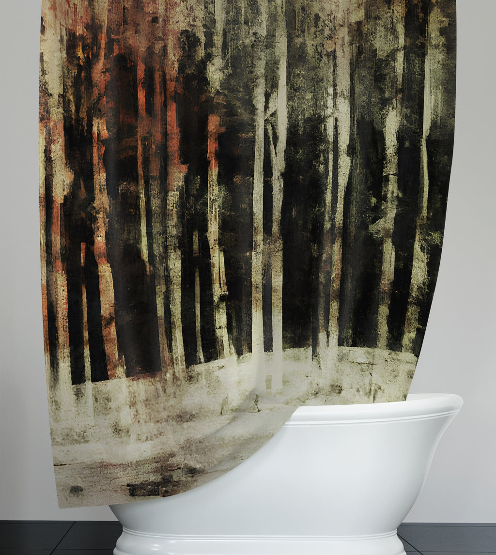 Abstract Shower Curtain - Rustic Dark Color Striped Forest - Deja Blue Studios