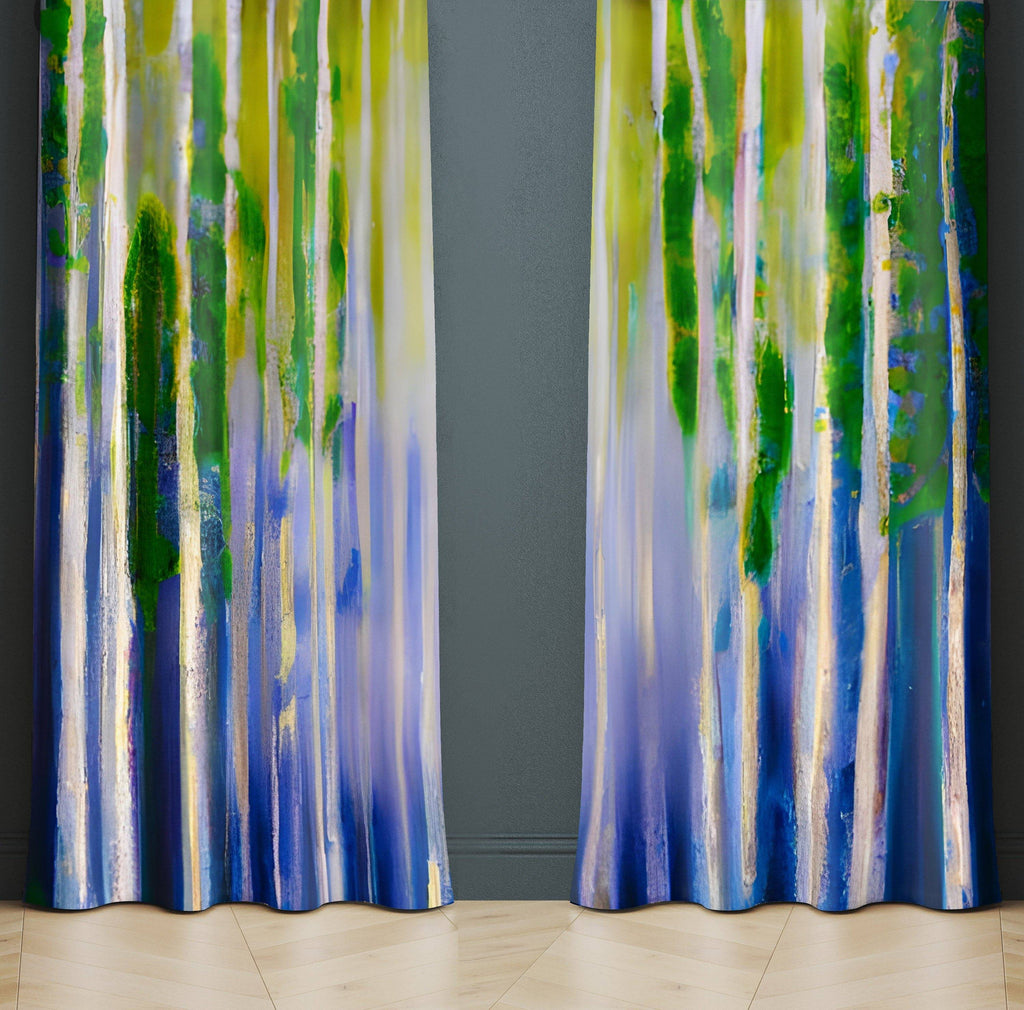 Boho Funk Window Curtains - Abstract Purple and Green Striped Design - Deja Blue Studios