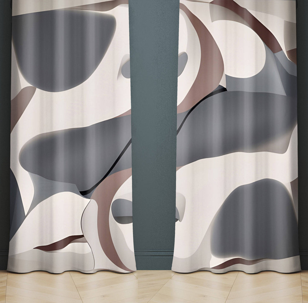 Whimsical Shapes Window Curtains - Brown, Gray, Beige Abstract Shapes - Deja Blue Studios