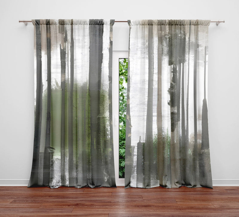 Abstract Striped Window Curtains - White, Green and Gray Print - Deja Blue Studios