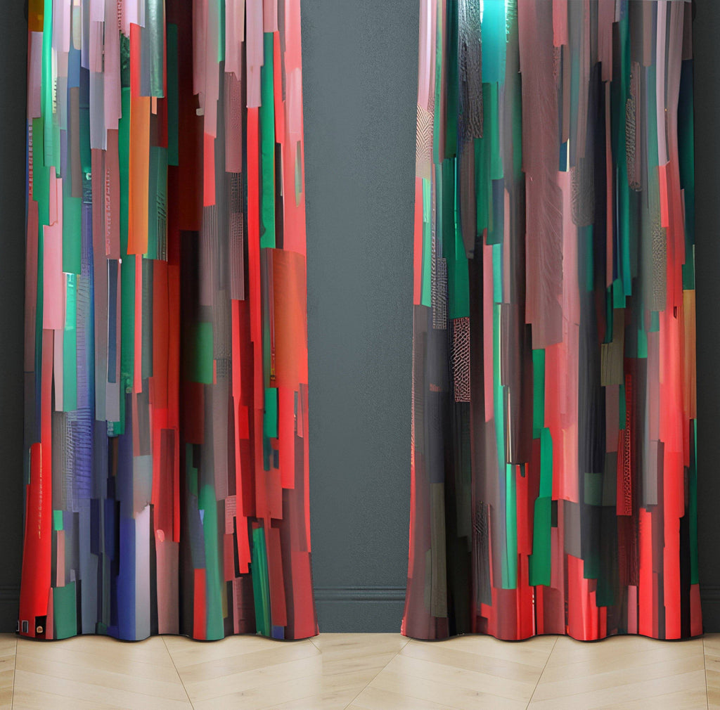 Abstract Striped Window Curtains - Red and Blue Falling Fire and Rain - Deja Blue Studios