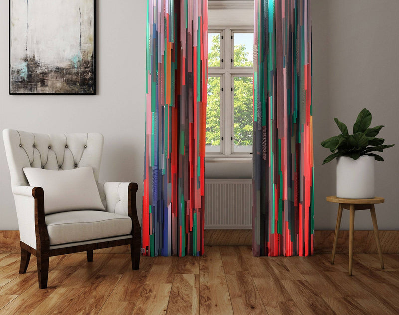 Abstract Striped Window Curtains - Red and Blue Falling Fire and Rain - Deja Blue Studios