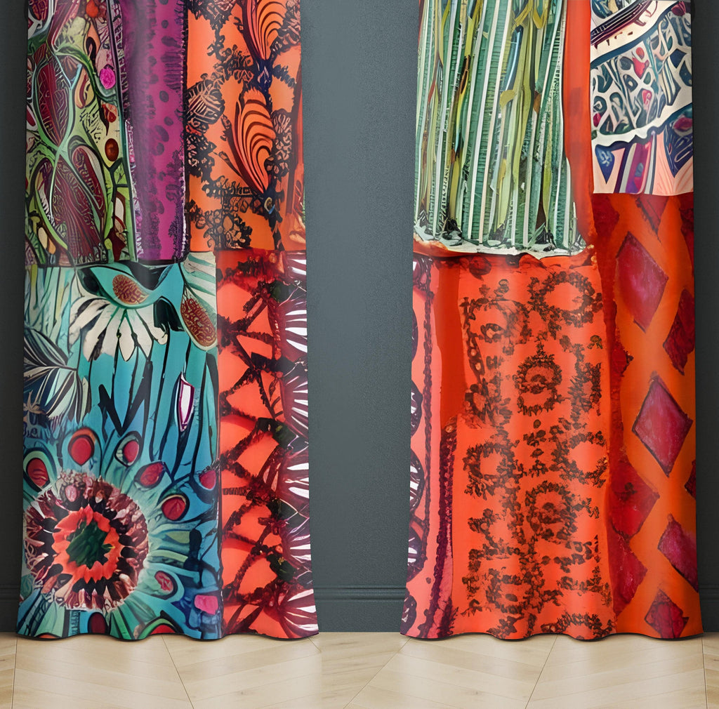 Bohemian Rags Window Curtains - Red Multi Colored Abstract Block Design - Deja Blue Studios