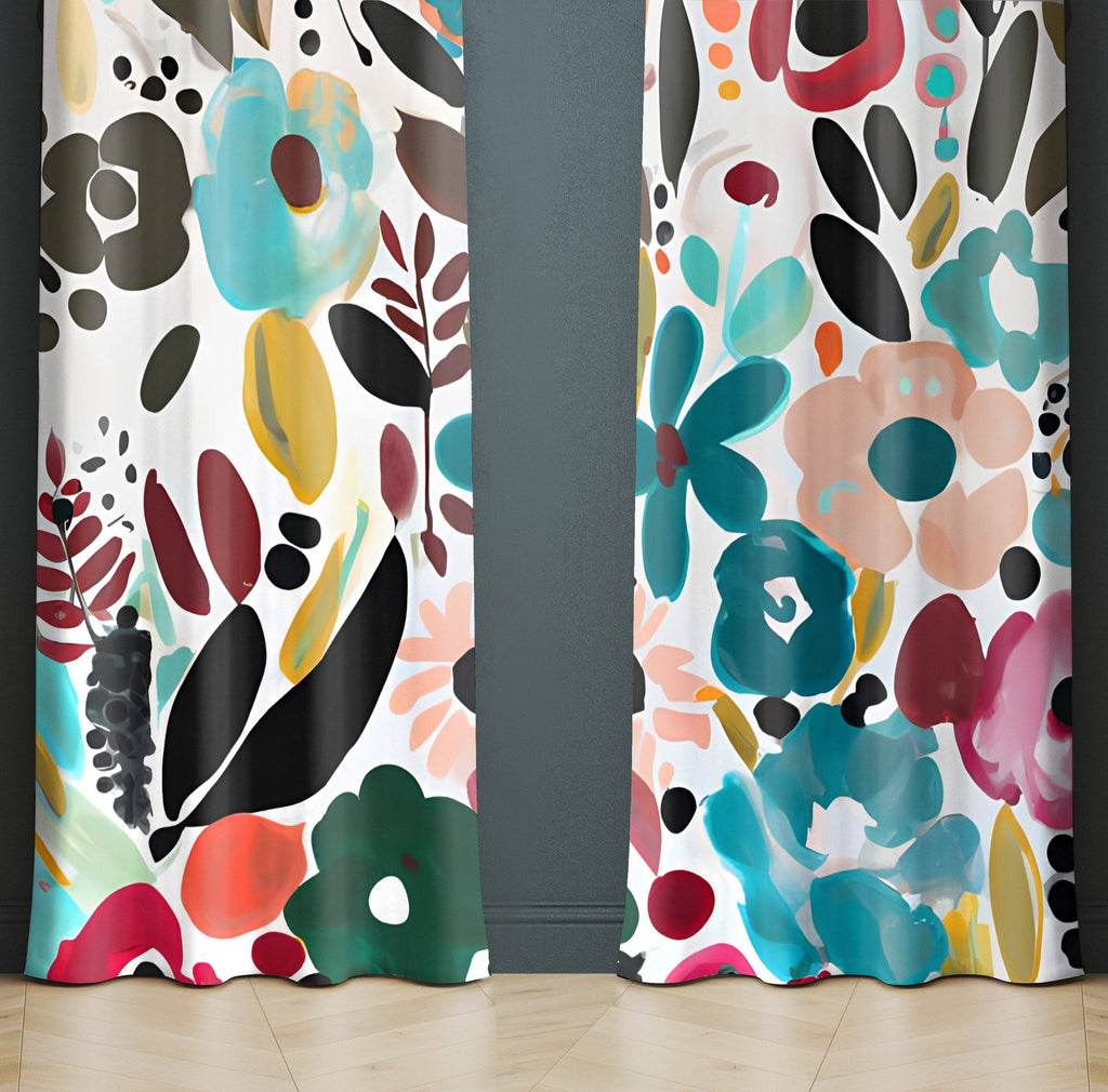 Whimsical Window Curtains - Multi Color Fun Floral Pattern - Deja Blue Studios