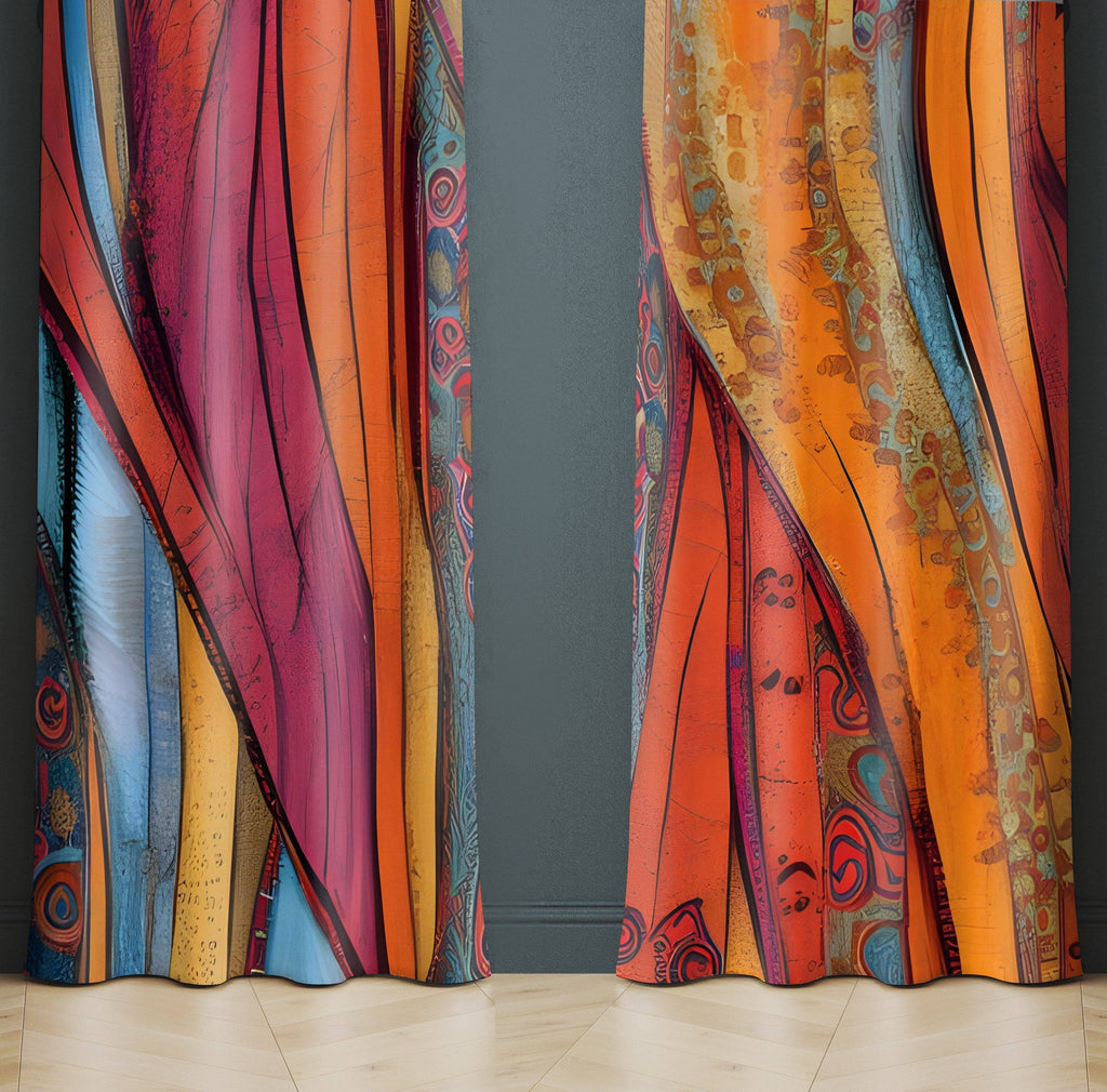 Bohemian Rags Window Curtains - Red Abstract Flowing Pattern - Deja Blue Studios