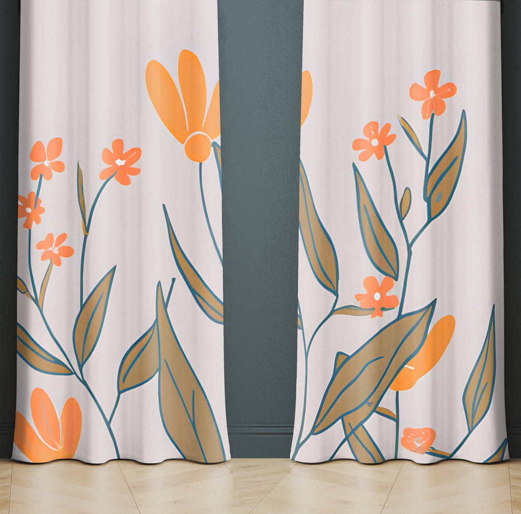 Floral Window Curtains - Orange and Gray Contemporary Style Pattern - Deja Blue Studios