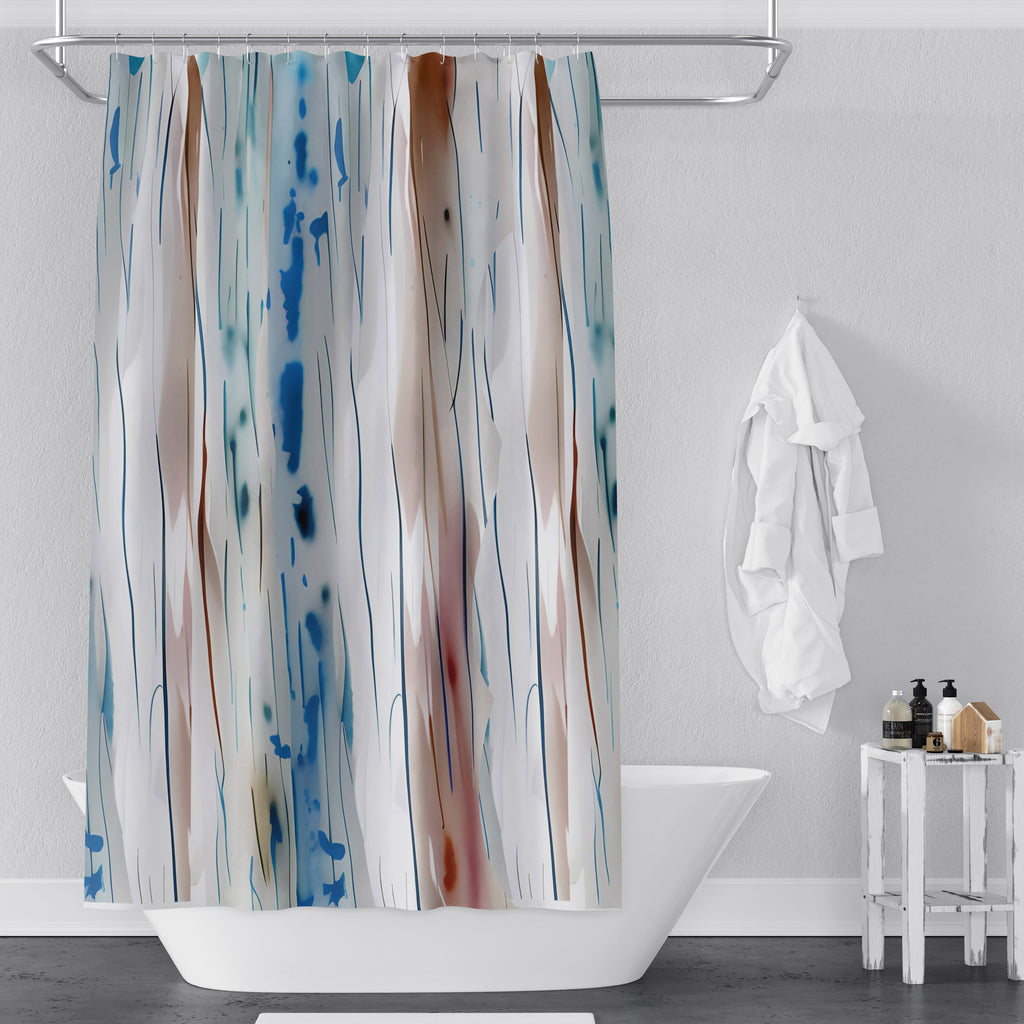 Abstract Shower Curtains - Blue, Red and White Watercolor Style Print - Deja Blue Studios