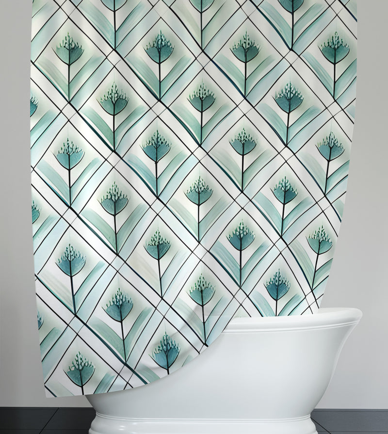 Abstract Checkered Floral Shower Curtain - Blue and Green Wildflower Pattern - Deja Blue Studios