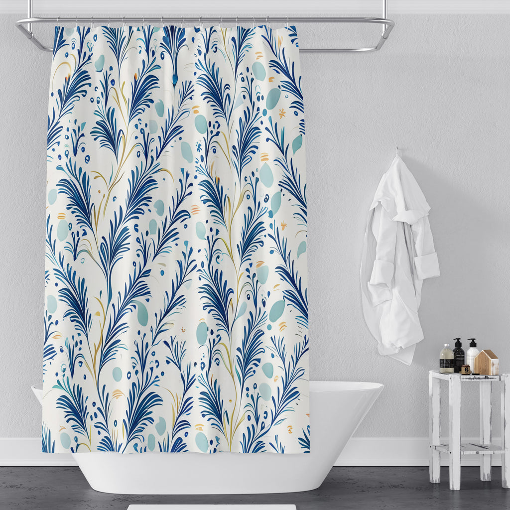 Country Style Shower Curtains - Chic White and Blue Leaf Pattern Print - Deja Blue Studios