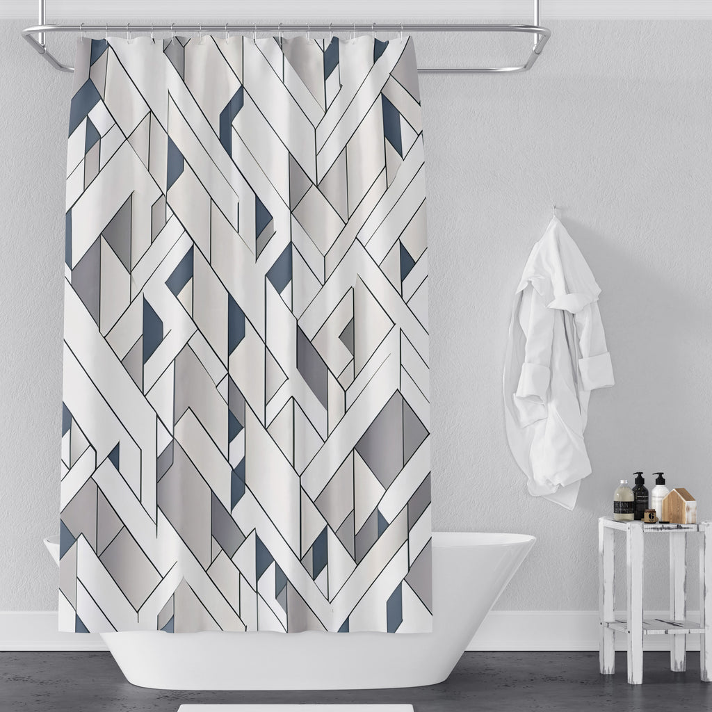 Abstract Maze Pattern Shower Curtains - Blue, Beige and Gray - Deja Blue Studios