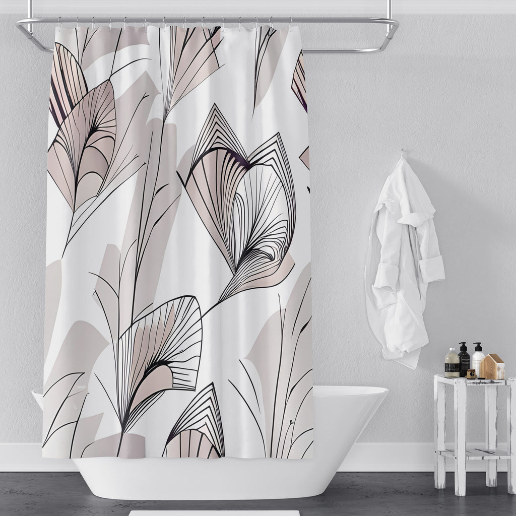 Chic Floral Shower Curtains - Beige, Blush and White Fanned Leaf Print - Deja Blue Studios