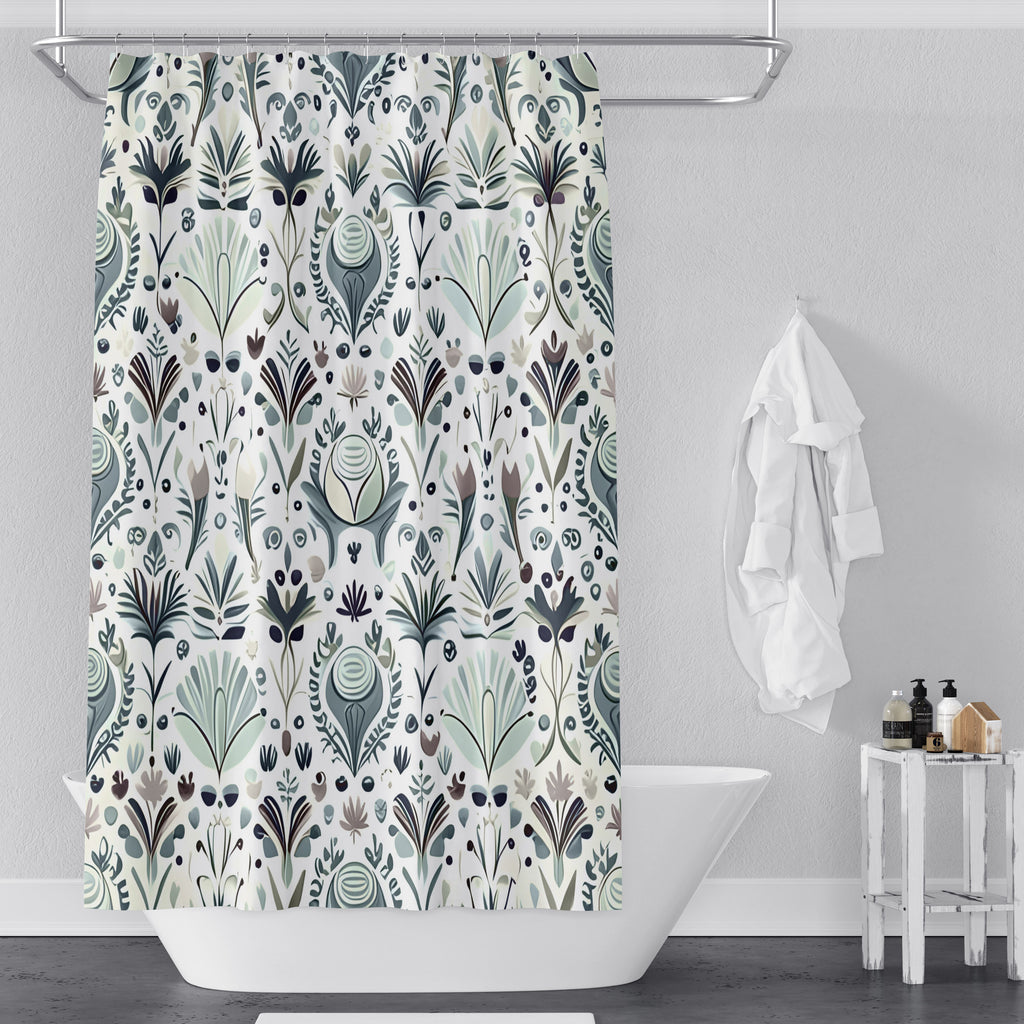 Green and White Pattern Shower Curtains - Small Floral Print - Deja Blue Studios