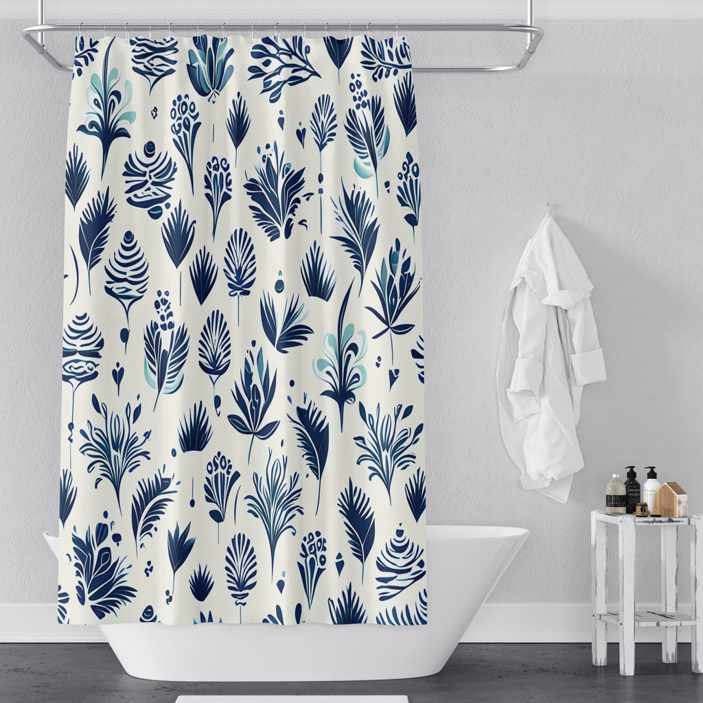 Chic Farmhouse Shower Curtains - Blue and Off White Leaf Print - Deja Blue Studios