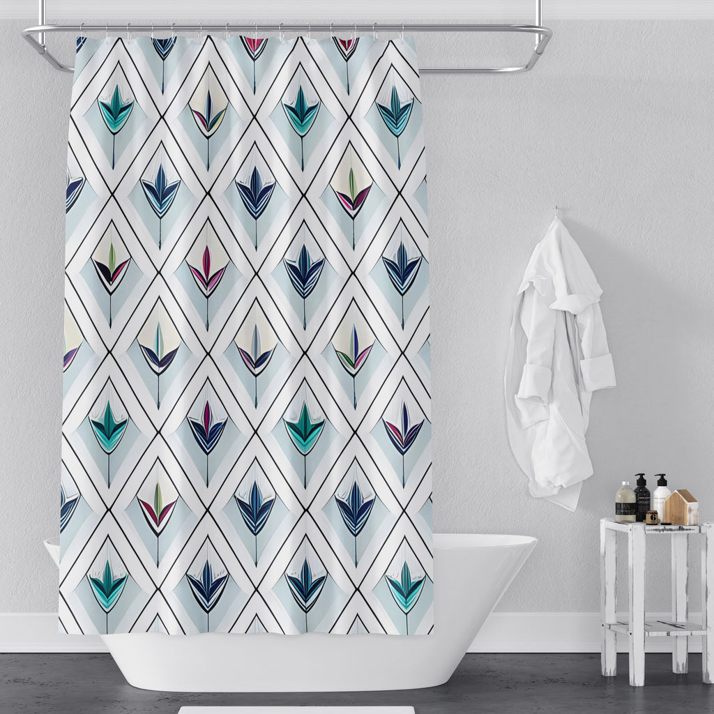 Abstract Art Deco Shower Curtains - Rainbow Checkered Leaf Pattern - Deja Blue Studios