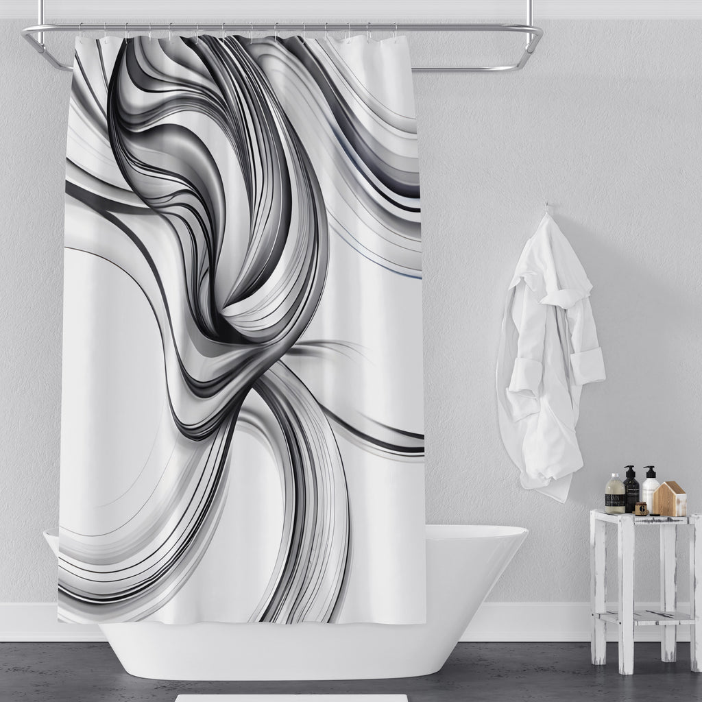 Line Art Shower Curtains - White Curtains with Flowing Black Lines - Deja Blue Studios