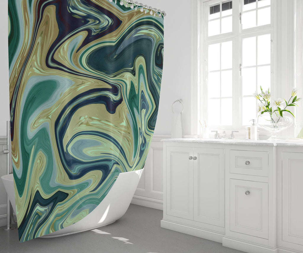 Marble Swirl Watercolor Boho Style Deep Ocean Shower Curtain - Deja Blue Studios