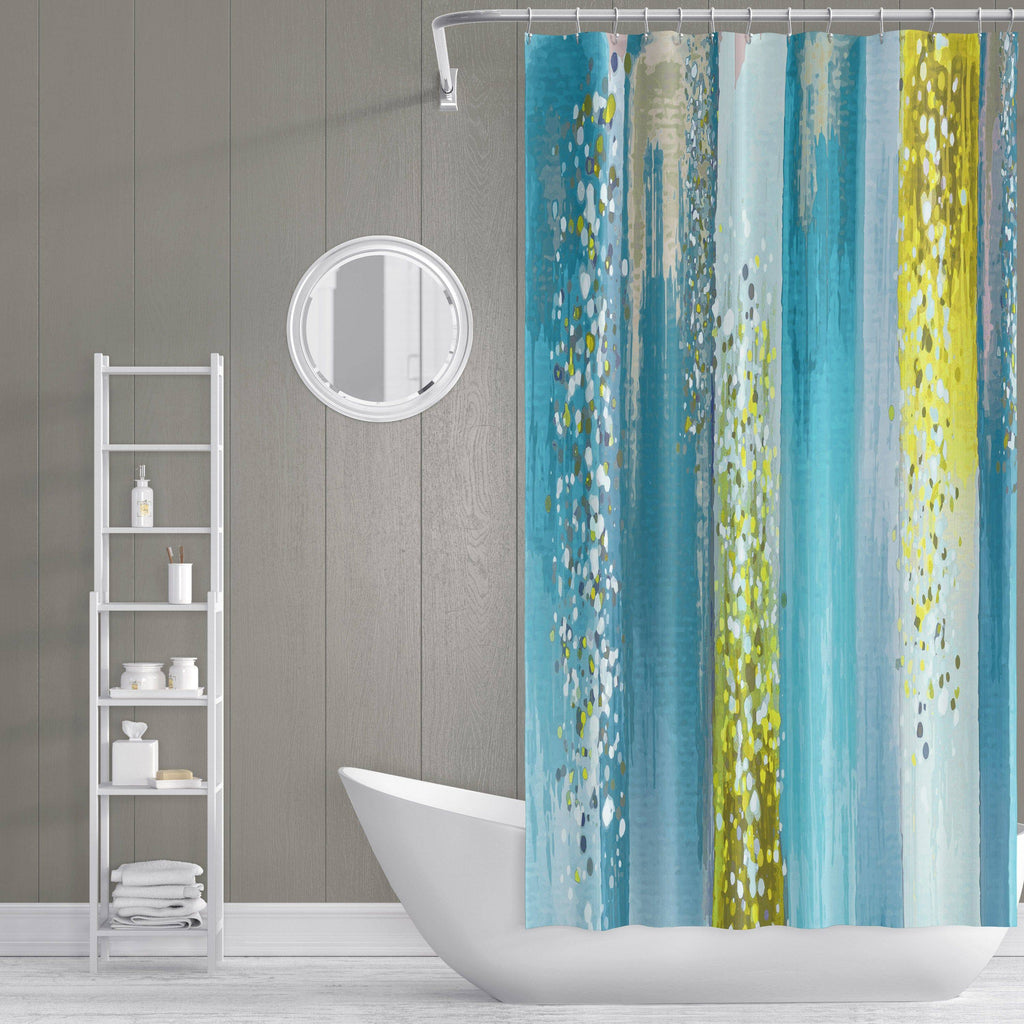 Striped Watercolor Boho Blue and Yellow Shower Curtain - Deja Blue Studios