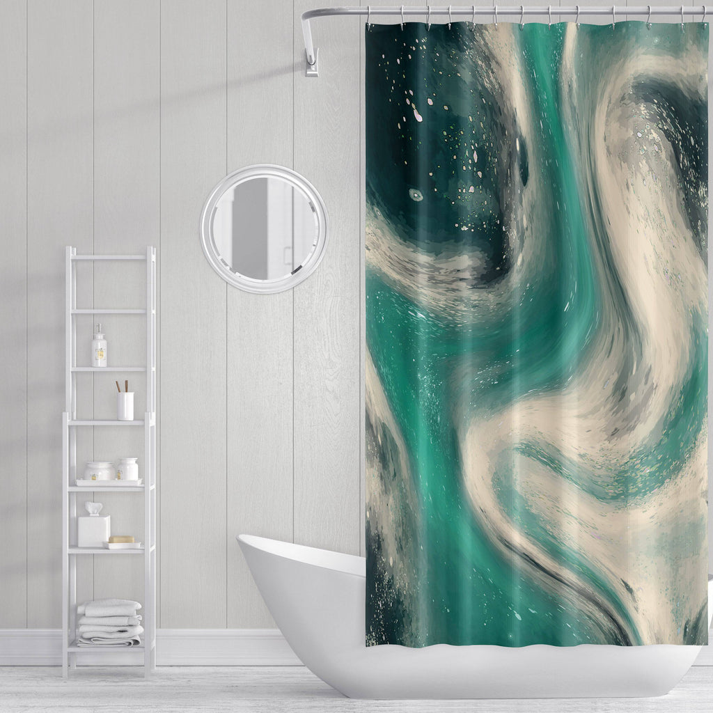Aqua and Cream Abstract Smoke Swirl Shower Curtain - Deja Blue Studios