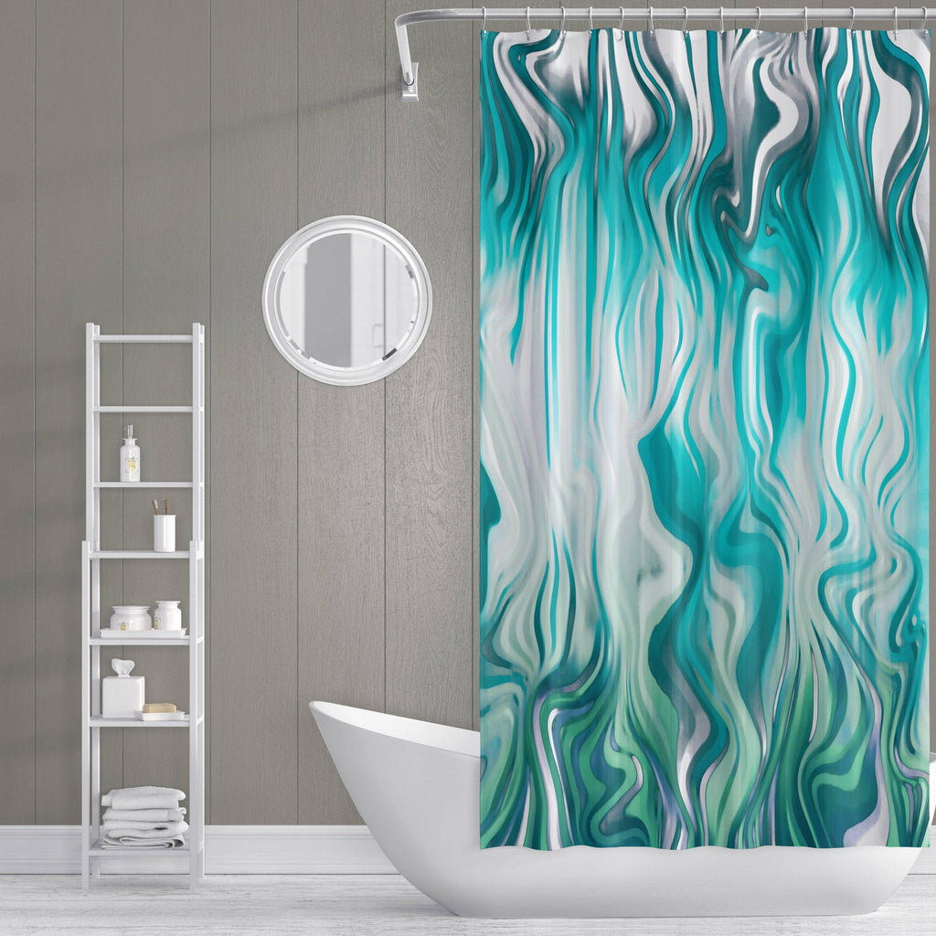 Aqua Green and White Abstract Smoke Shower Curtain - Deja Blue Studios