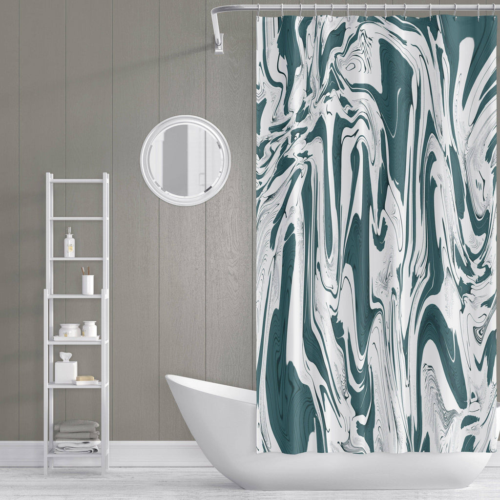 Teal and White Marbled Color Swirl Shower Curtain - Deja Blue Studios