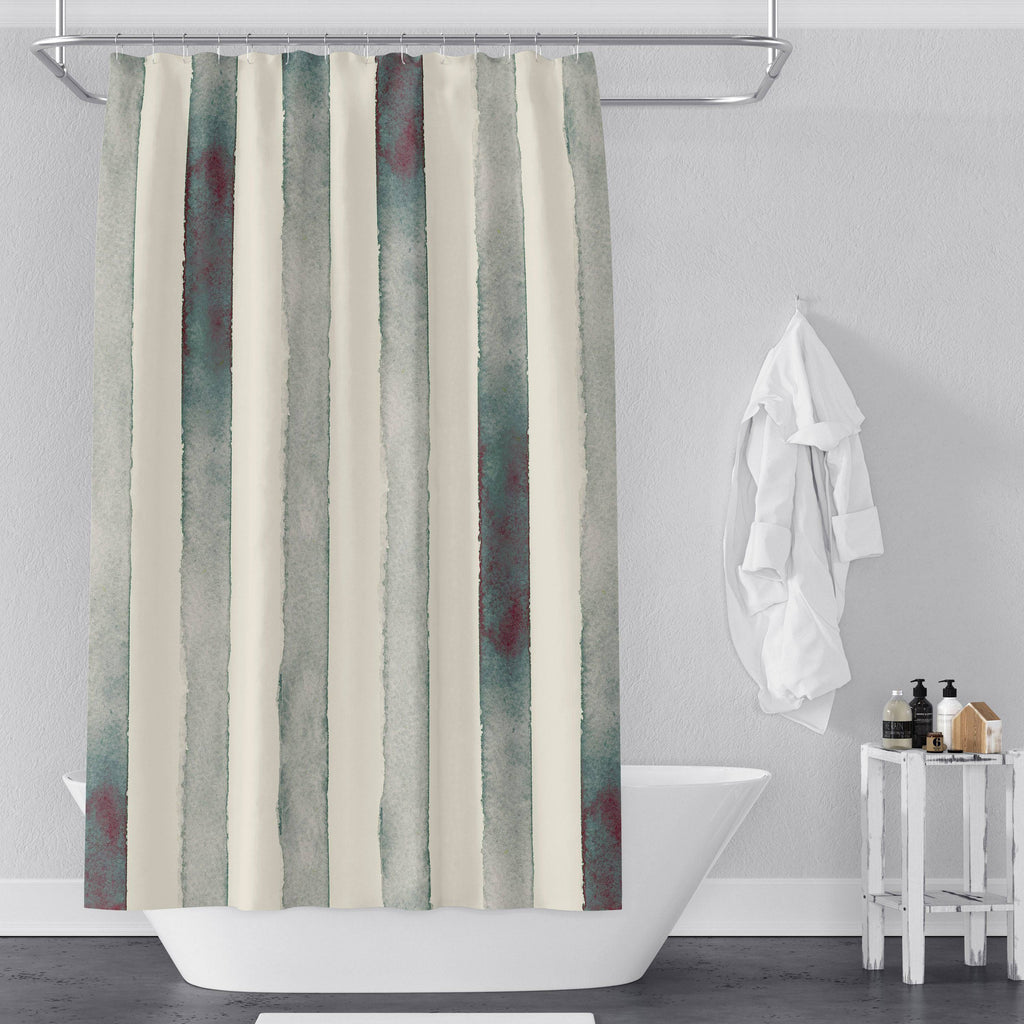 Beige, Steel Blue, and Green Striped Shower Curtain - Deja Blue Studios