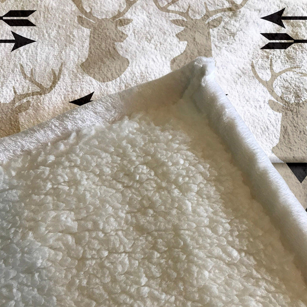 Beige and White Deer Antler and Chevron Pattern Fleece Sherpa Blanket | Large 68" x 80" Size - Deja Blue Studios