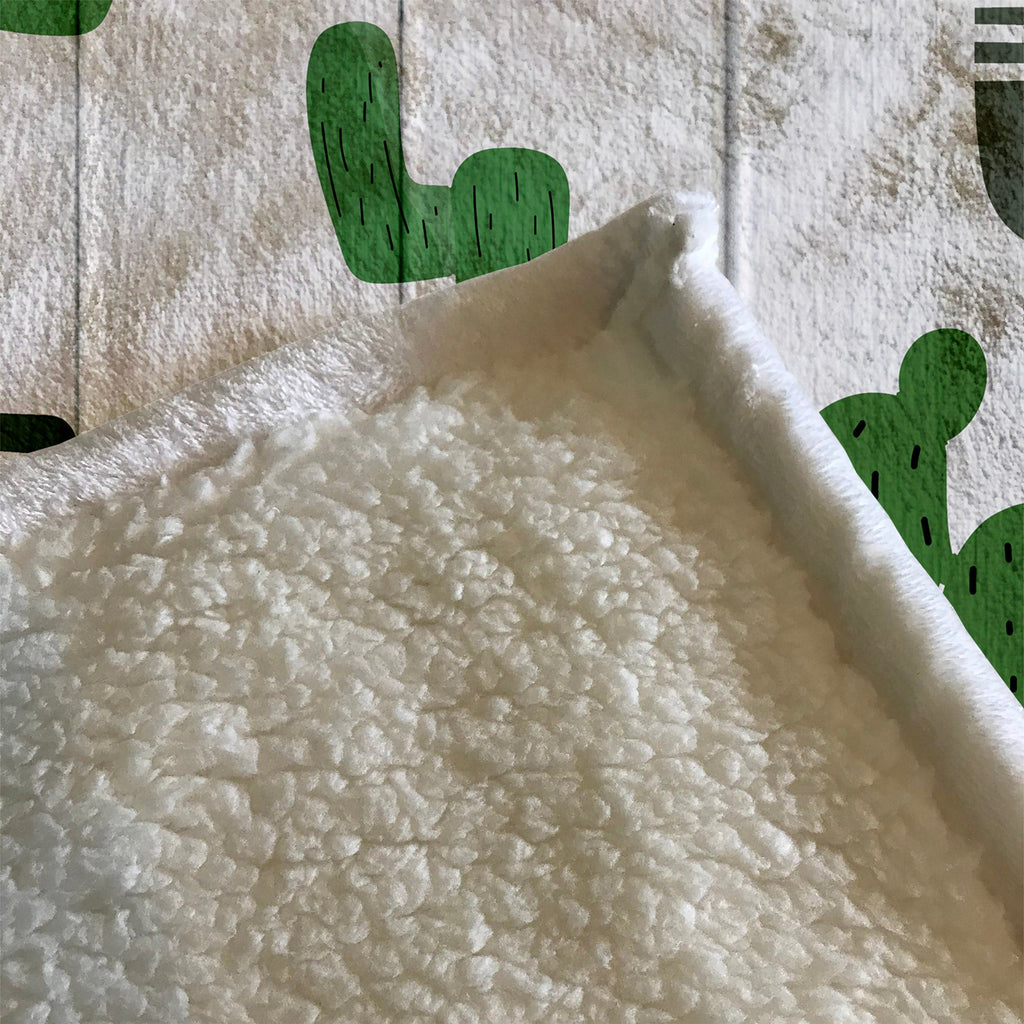 Whimsical Green Cactus on White Wood Print Fleece Sherpa Blanket | Large 68" x 80" Size - Deja Blue Studios