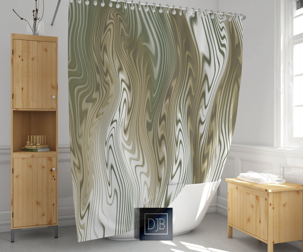 White and Earth Tone Wavy Striped Shower Curtain | Abstract Lines - Deja Blue Studios