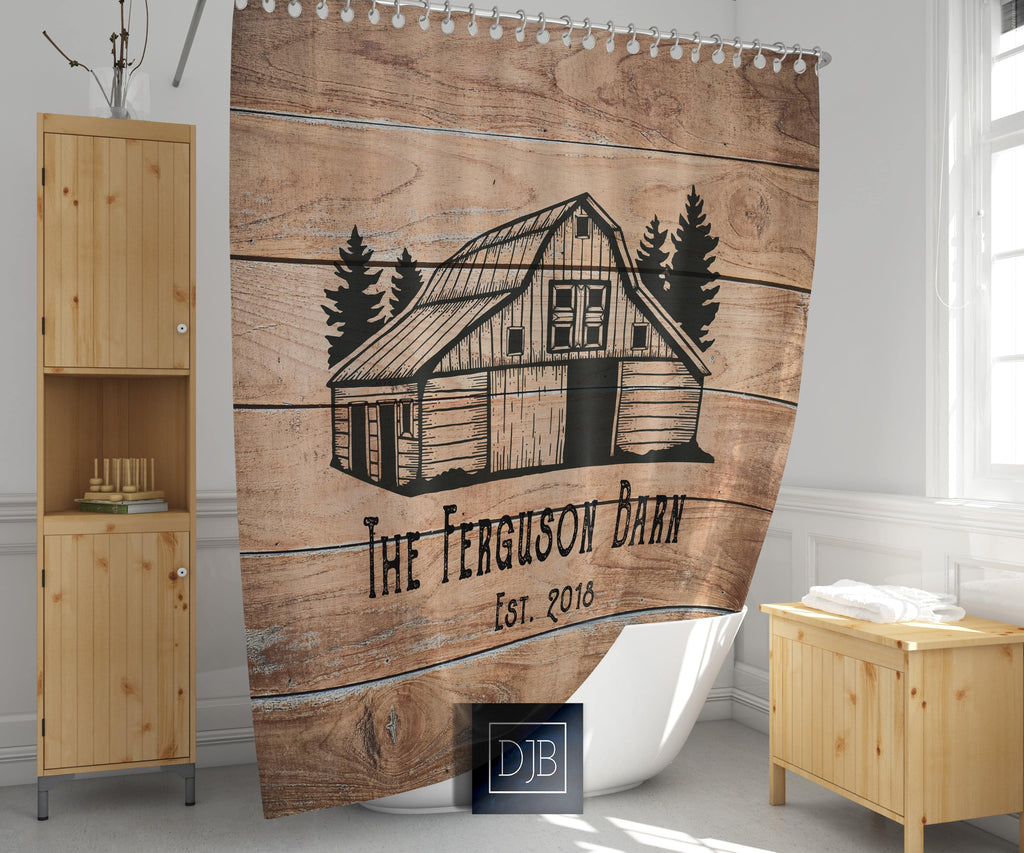 Shower Curtain Personalized Farmhouse Barn | Rustic Wood Print Background - Deja Blue Studios