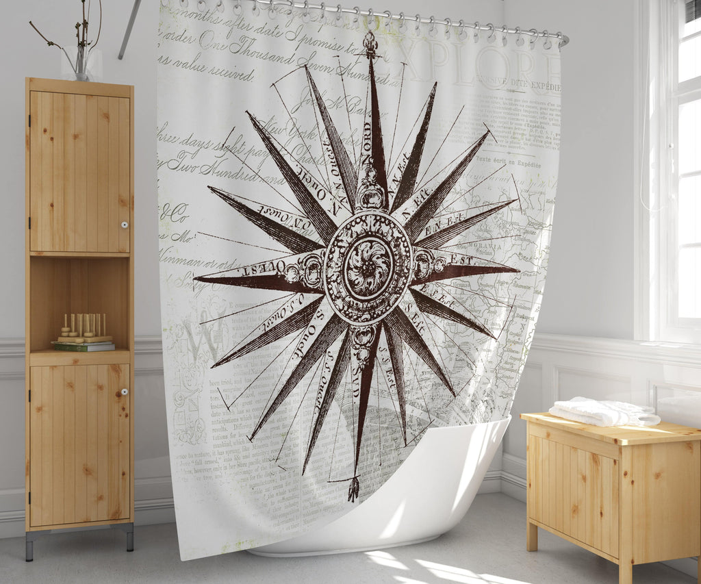 Vintage White Nautical Compass Shower Curtain - Deja Blue Studios