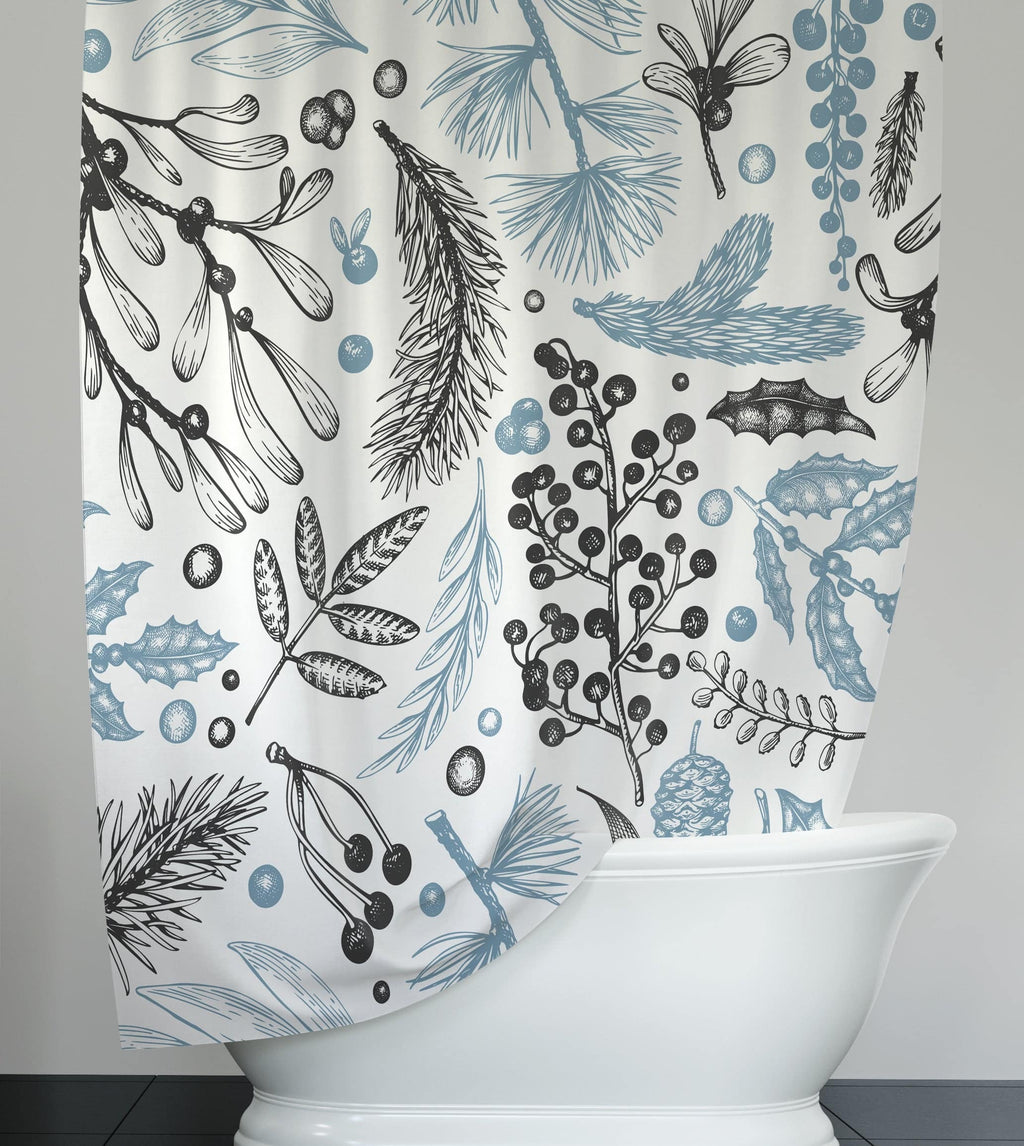 Blue and Black Forest Leaf Print Shower Curtain - Deja Blue Studios