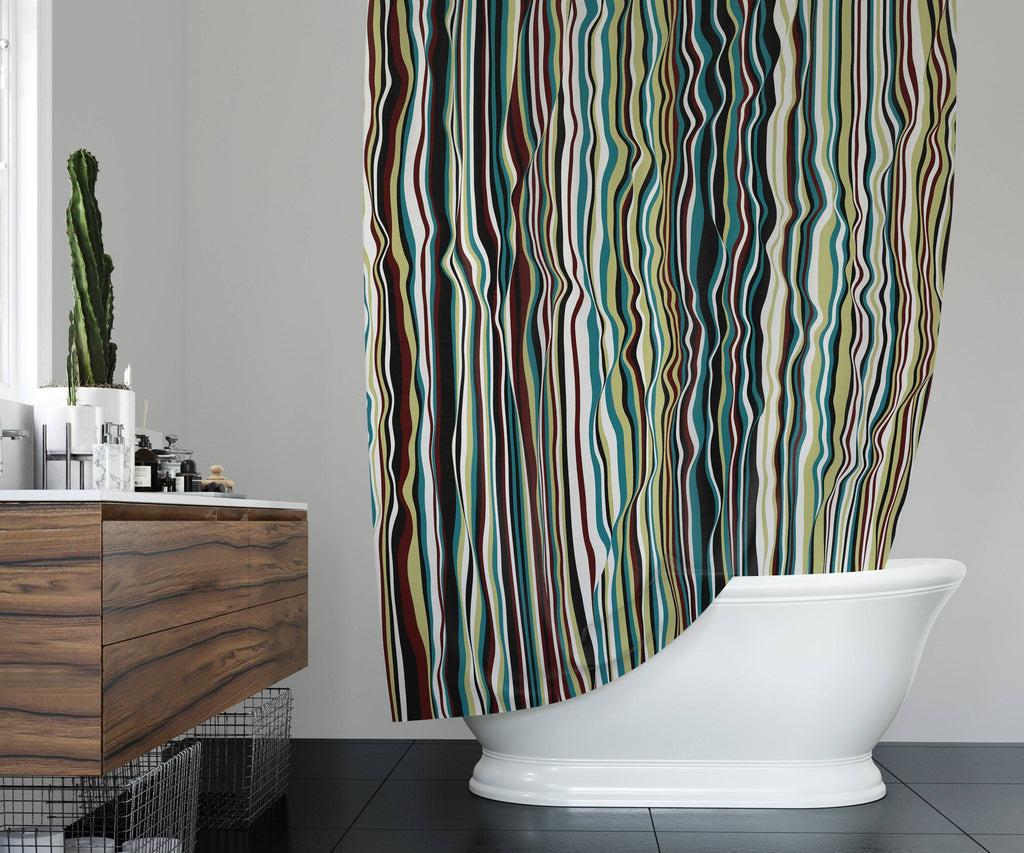 Wavy Green and Blue Striped Shower Curtain - Deja Blue Studios