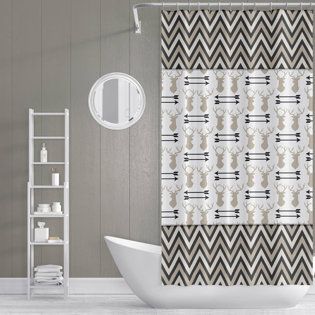 Beige and White Deer Antler and Chevron Pattern Shower Curtain - Deja Blue Studios