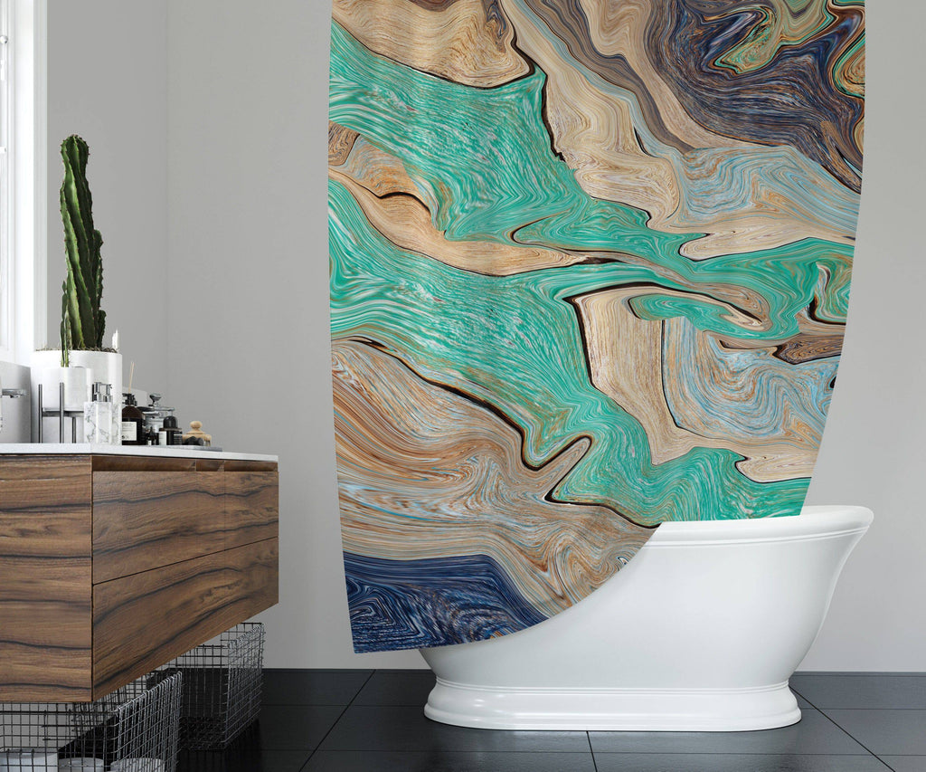 Beige and Teal Abstract Color Swirl Shower Curtain - Deja Blue Studios