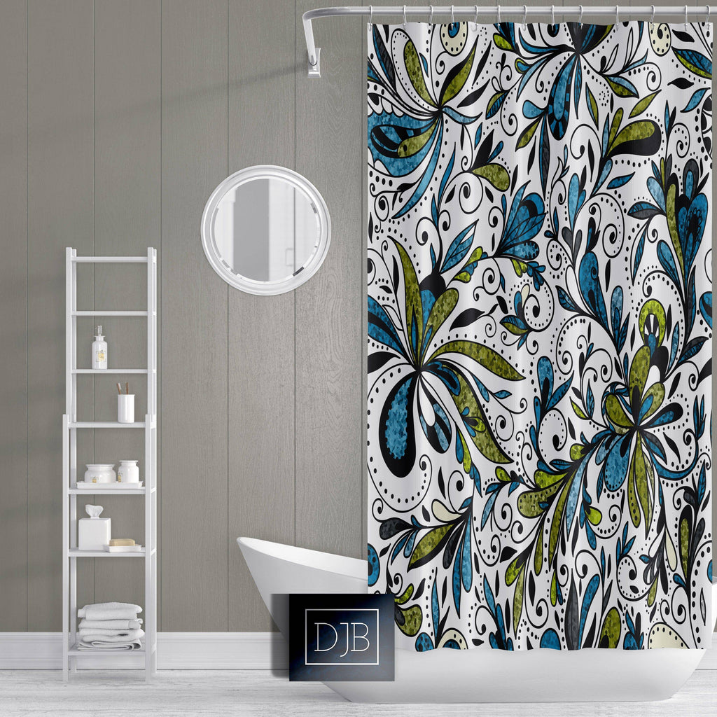 Blue and Green Glittered Floral Shower Curtain - Deja Blue Studios
